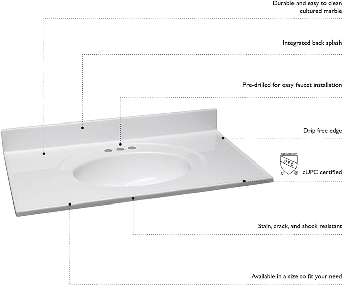 Design House 586271 Cultured Marble 25-inch Vanity Top with Integrated Oval Bowl, 4 Centerset, White on White