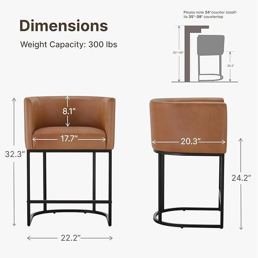 24" Counter Height Bar Stools Set of 4, Modern Barrel Counter Stools with Backrest and Arms, Faux Leather Upholstered Accent Barstools with Metal Legs for Kitchen Island,Brown