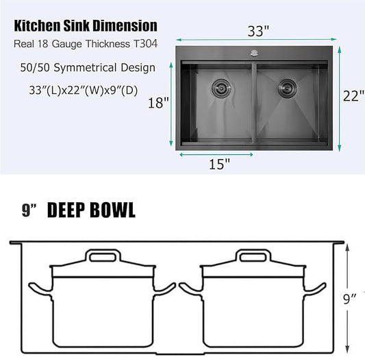 33x22 Double Bowl Kitchen Sink 33 Inch Black, Stainless Steel Drop in Double Basin Kitchen Sink, Topmonut 50/50 Kitchen Sinks Workstation Sink with Accessories