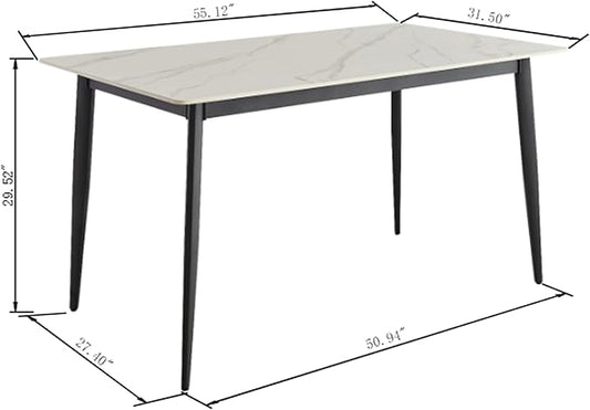 Sintered Stone Dining Table, Faux Marble Dining Table for 4-6 People, 55" Rectangular White Kitchen Table with Porcelain Table Top and Metal Legs for Living Room(1 Table Only)