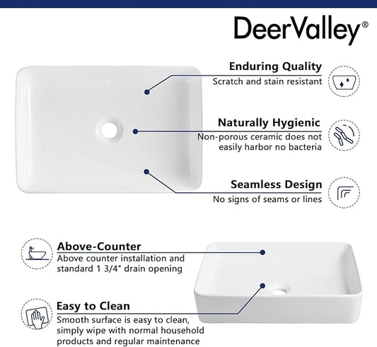 DeerValley DV-1V032 Ally White Ceramic Rectangular Vessel Bathroom Sink