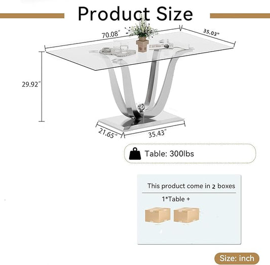 Luxury Silver Glass Dining Table for 6-8 Modern 70-Inch Rectangular Kitchen & Dining Room Table with Double U-Shape Stainless Steel Base Large Clear Glass Top Dining Table for Home Office