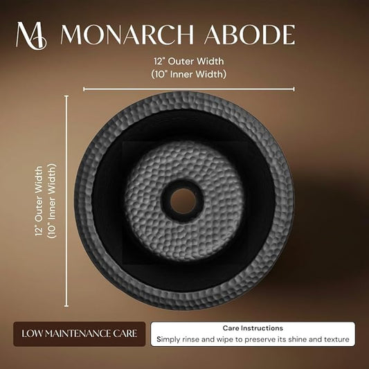 Monarch Abode Kitchen & Bar Sink – 12-inch Essex Dual Mount Drop in Bar Prep Sink, Hand Hammered Matte Black Aluminum Sinks, Drop in or Undermount Kitchen Sinks, Single Circular Dual Mount Bowl