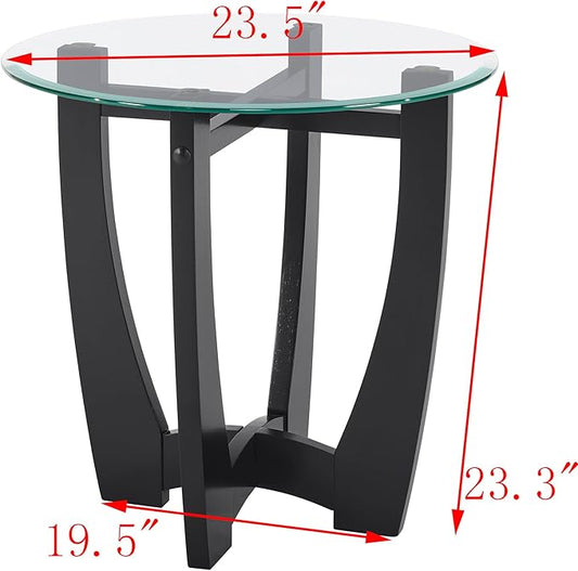 23.5" Round Side Tables, Small Space End Table with Tempered Glass Tabletop, Glass Coffee Table with Cross and Solid Wood Base, Small Night Stand for Living Room Black