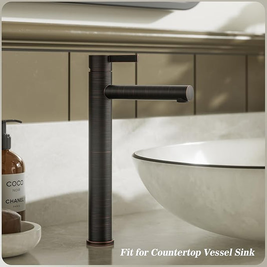 Phiestina One Hole High Bathroom Vessel Sink Faucet, Oil Rubbed Bronze Single Hole Single Handle Tall Bathroom Faucet, with Pop Up Drain and Water Supply Line,FH01-ORB-V