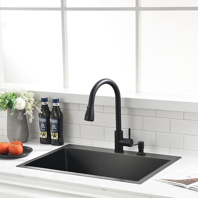 26 inch Black Drop in Kitchen Sink - VOKIM 26"x 19" Inch Drop in sink Stainless Steel Single Bowl top mount Sink With Dish Grid