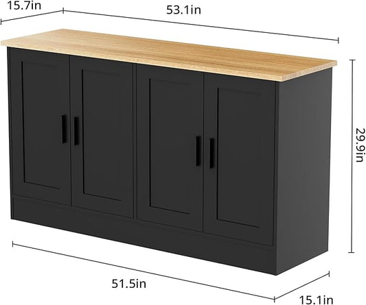 Anystyle 53" Black Buffet Cabinet with Storage, Modern Kitchen Sideboard with 4 Doors & Adjustable Shelves, Entryway Credenza & TV Console Table for Living Room, Dining Room
