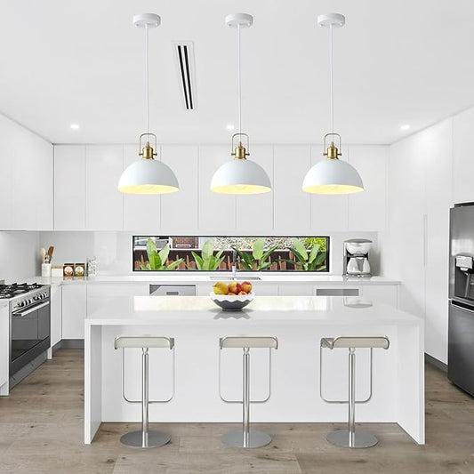 Matte White Pendant Lights Kitchen Island 3 Pack, Modern Farmhouse Hanging Light Fixtures with Gold Interior, Hardwired Metal Ceiling Lighting Over Sink Dining Room