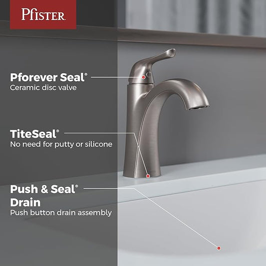 Pfister Willa Single Handle Bathroom Sink Faucet 1 Hole NSF Certified Spot Defense Brushed Nickel Finish with Push & Seal Drain WaterSense Compliant Vanity Faucet LF042MALGS