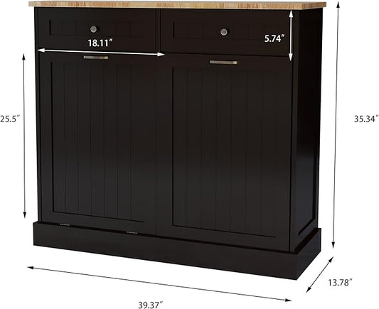 Ball & Cast Double Tilt Out Trash Cabinet with 2 Drawers Multifunctional 10 Gallons Hidden Garbage Can for Kitchen, Bathroom, Laundry and Living Room,Standing Laundry Sorter,Black