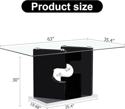 63” Glass Dining Table for 4–6 People, Modern Kitchen Table with Tempered Glass Top, Dining Room Table with Black MDF Legs for Kitchen Dining Room
