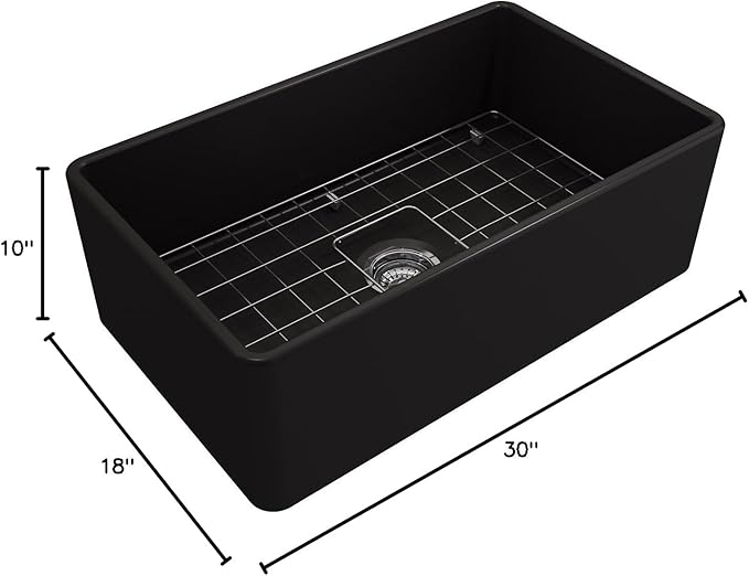 BOCCHI Classico Matte Black Apron Front Fireclay 30 in. Single Bowl Kitchen Sink with Protective Bottom Grid, Strainer, and Matte Black Faucet