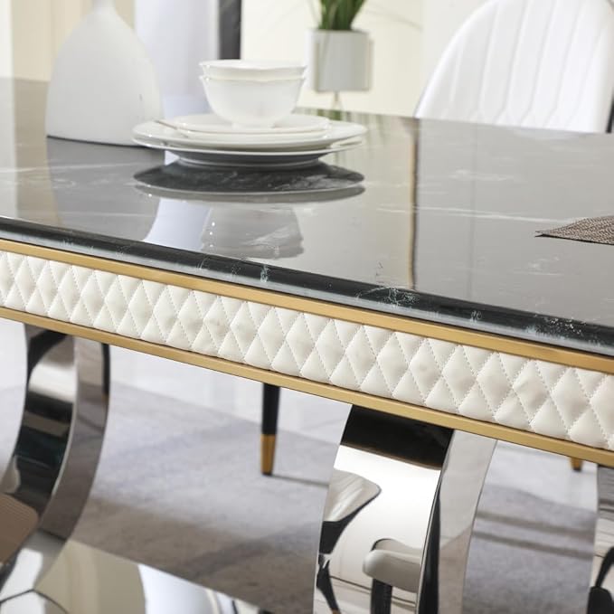 Modern Rectangular Dining Table for 6-8, Luxury Sintered Stone Kitchen Table with Heavy-Duty Double Circle Stainless Steel Base, Heat-Resistant Furniture for Dining Room (Table)