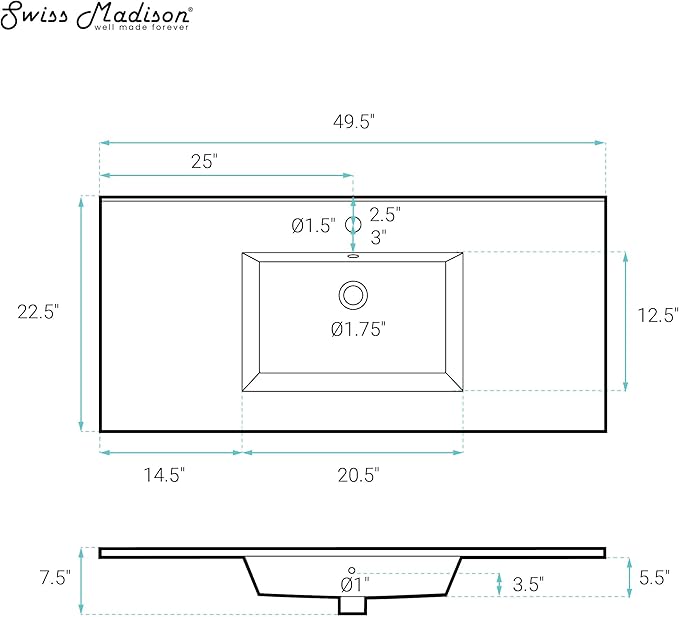 Swiss Madison SM-VT330 Voltaire 49" Vanity Top Sink with Single Faucet Hole