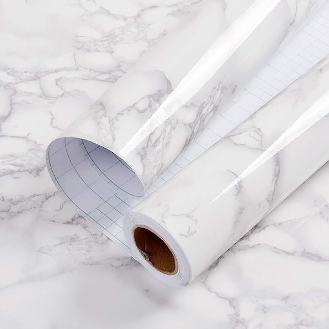 practicalWs Glossy Marble Contact Paper Granite White/Grey Kitchen Countertop Cabinets Furniture Refurbishment Wall Paper Thick Removable Wallpaper Peel and Stick Wall Decor Vinyl Wrap 11.8"x78.7"
