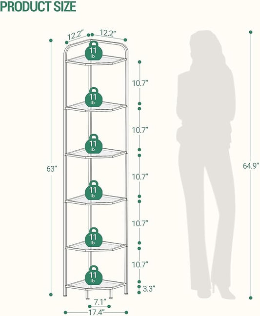 Hzuaneri Corner Shelf Stand, 6-Tier Glass Bookshelf Bookcase, Bathroom Organizer, Plant Stand, Steel Frame, Tempered Glass, Modern Style for Living Room, Bathroom, Kitchen, Golden CS90600G