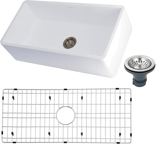 Kingston Brass Gourmetier KGKFA361810BC 36-Inch x 18-Inch Single Bowl Apron-Front Farmhouse Kitchen Sink with Drain, Matte White/Brushed