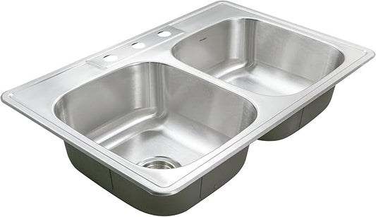 Houzer Glowtone Stainless Steel Kitchen Bar & Prep Sink - 33 Inch Drop-In Topmount 3-Hole 50/50 Double Bowl Sink, Durable & Versatile, Nested 36-Pack - 3322-8BS3-36