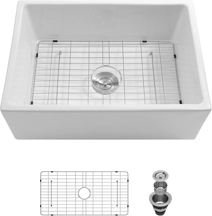 Sarlai 28 White Farmhouse Sink - 28x20 Inch Kitchen Sink Apron Front Ceramic Porcelain Vitreous Fireclay Single Bowl Farmer Sinks Basin