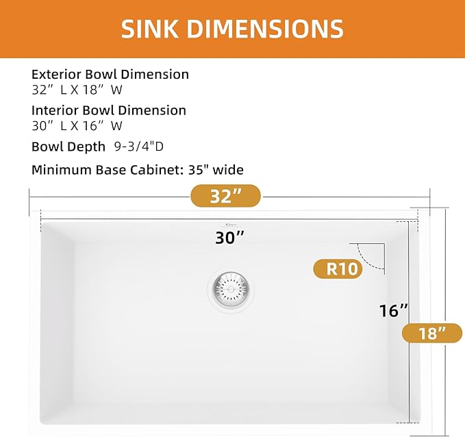 Quartz Kitchen Sink, 32 Inch White Undermount Kitchen Sinks, Deep Single Bowl Granite Composite Sink, Modern Sinks Providing Complete Accessories, Spacious Workspace and Easy Cleaning