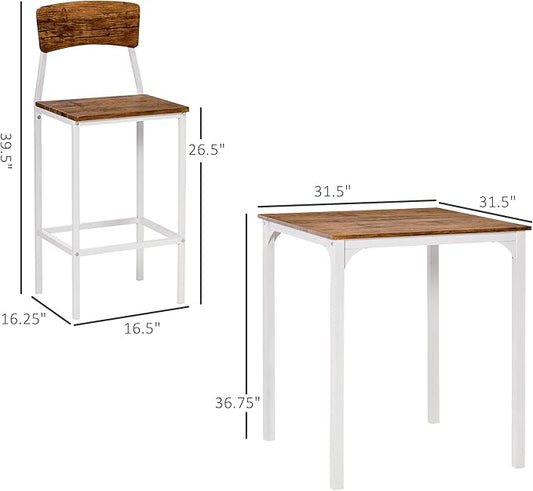 3 Piece Bar Table Set with Steel Legs & Footrests White Industrial Counter Height Dining Table for Small Spaces Kitchen Home Decor,White