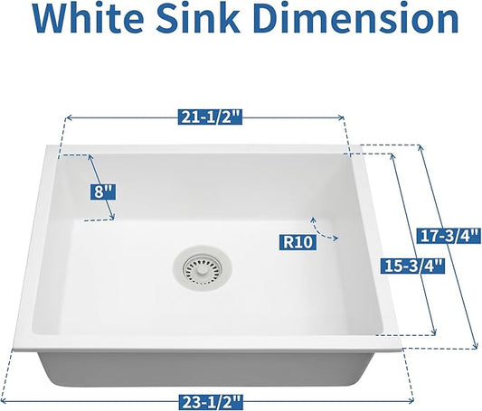 White Kithcen Sink, 23 Inch Undermount Kitchens Sinks, 23"x 18"x 8" Small Bar Sinks, 23 x18 Granite Composite Quartz Stone Kitchen Sink With Accessories