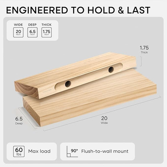 Homeforia 20 inch Natural Floating Shelf, High End Solid Real Wood 20inch Small Floating Shelves for Wall Mounted, Natural Wooden Floating Shelves, Heavy Duty Bracket, 20 X 6.5 X 1.75 in, Set of 3