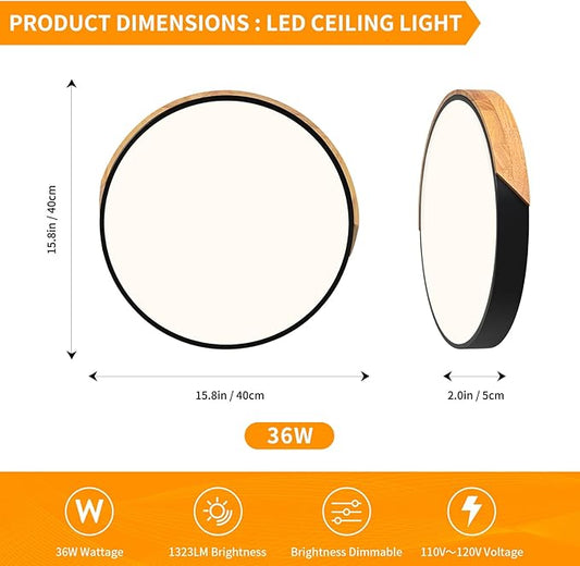 Modern Dimmable Black LED Ceiling Light, 2700 K - 6000 K 5CCT Wood Flush Mount Ceiling Lighting Fixtures, Minimalist Round Ceiling Lamp for Living Room Bedroom Kitchen Hallway(15.8in)