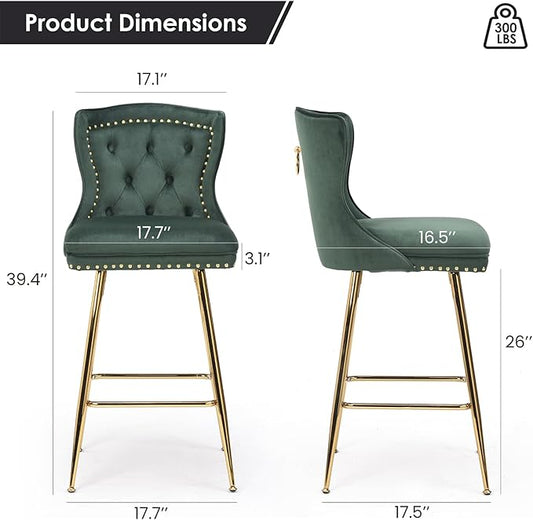 Modern Counter-Height Bar Stool Set of 2, 26" Velvet Upholstered Barstools with Backrest and Gold Chrome Base Footrest, Nailheads Trim, Green Bar Stools for Kitchen Island, Cafe, Pub (Green)