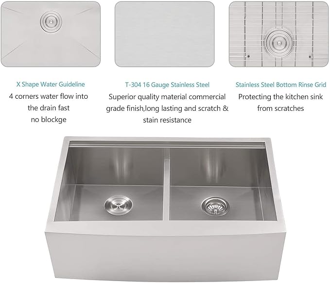 Lordear 33 Farmhouse Sink Double Bowl 33 Inch Farm Kitchen Sink Workstation Apron Front Stainless Steel 16 Gauge Low Divide 50/50 Double Kitchen Farm Sinks 33X22X10 Inch (Apron Height is 9 inch)