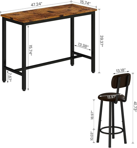 Lamerge Industrial Pub Height Table with 2 PU Upholstered Stools,3-Piece Kitchen Table and Chairs,Suit for Dining Room & Living Room & Breakfast Nook & Bistro,Bar Table Set for 2,Brown & Black,47.2"