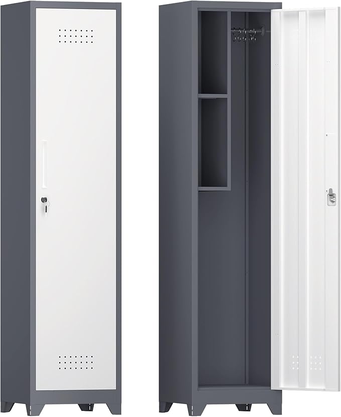 IRONFFICE Storage Cabinet,Slim Broom Closet Storage Cabinets with Lockable Doors,Narrow Utility Cabinets with Hanging Rod,Tall Broom Closet for Laundry,Home Office,Grey-White