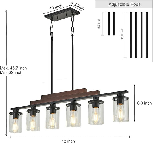 Kitchen Island Light Fixture/Chandelier Over Table,Farmhouse Black Rustic Wood Hanging Light Fixtures for Dining Room with 6 Glass Shade
