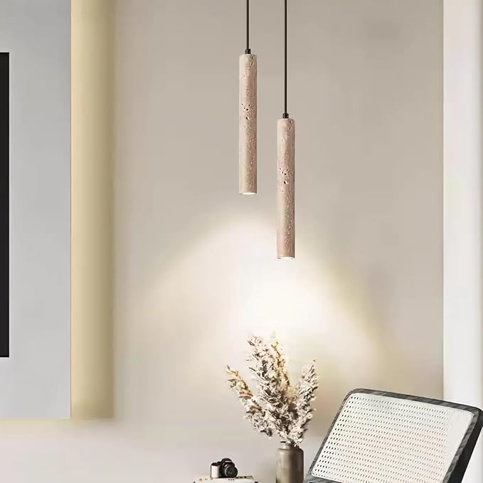 Japanese Wabi sabi Pendant Light with Natural Stone Shade, Dimmable Modern Wood Hanging Lamp Fixture, Adjustable Height Pendant Lamp for Bedroom, Kitchen Island, Dining Room, Restaurant, Cafe, Bar (G)