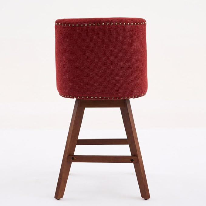 Comfortable Upholstered Swivel Bar Stool with Wooden Legs and Soft Fabric Seat for Kitchen Island or Home Bar Use (Wine RED + Wood+Fabric + Foam)