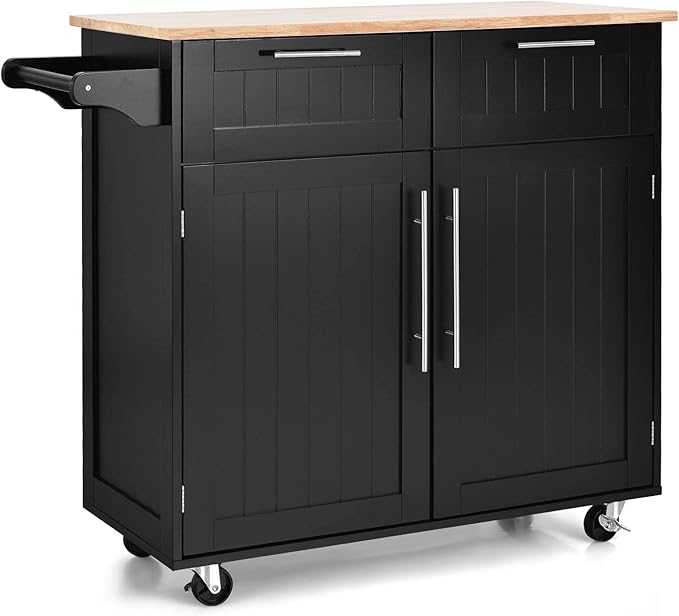 Giantex Kitchen Island Cart, Rolling Island Table with Rubber Wood Tabletop, 2 Drawers, Storage Cabinet & Towel Rack, Bar Kitchen Cart On Wheels for Dining Room (Black)