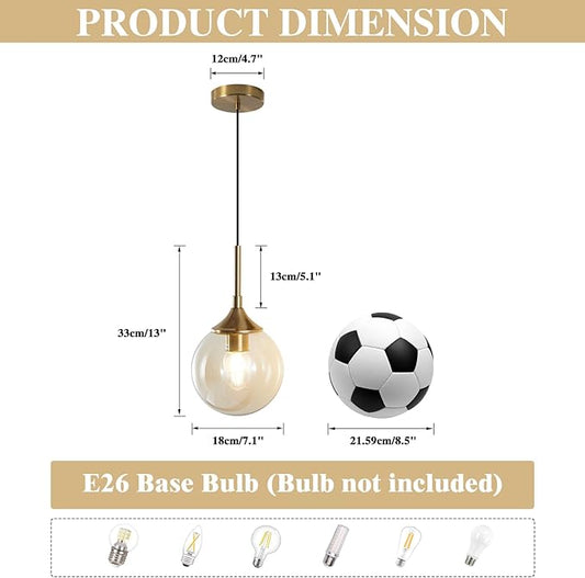 KCO Lighting Mid Century Modern Pendant Chandelier Amber Glass Hanging Lamp Gold Globe Pendant Lights Kitchen Island Brushed Brass Pendant Light Large Kitchen Pendant Lighting Over Island