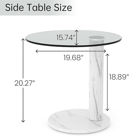 Hooseng Glass Round Coffee Table End Table, 22-Inch Modern Tempered Transparent Glass Top,Perfect for Living Room,Cafe,Home,and Office(White)