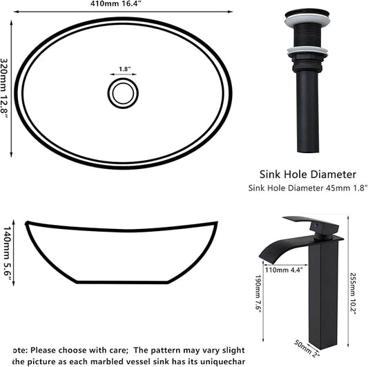 Ceramic Vessel Sink with Faucet and Drain Combo Brown Bathroom Sink Above Counter Oval Sinks Bowl