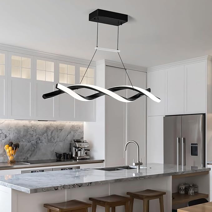 Modern Kitchen Pendant Light Over Island Black LED Pendant Lights 6000K Adjustable Hanging Light Fixture Wave Shape Chandelier for Dining Room Kitchen Island Restaurant Living Room