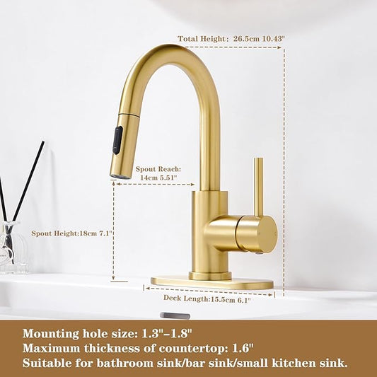 Bathroom Sink Faucet with Pull Down Sprayer,Single Handle Pull Out Faucet with Pop-Up Drain, 1 or 3 Hole Laundry Bar Basin Brushed Gold Faucet with Deck Plate