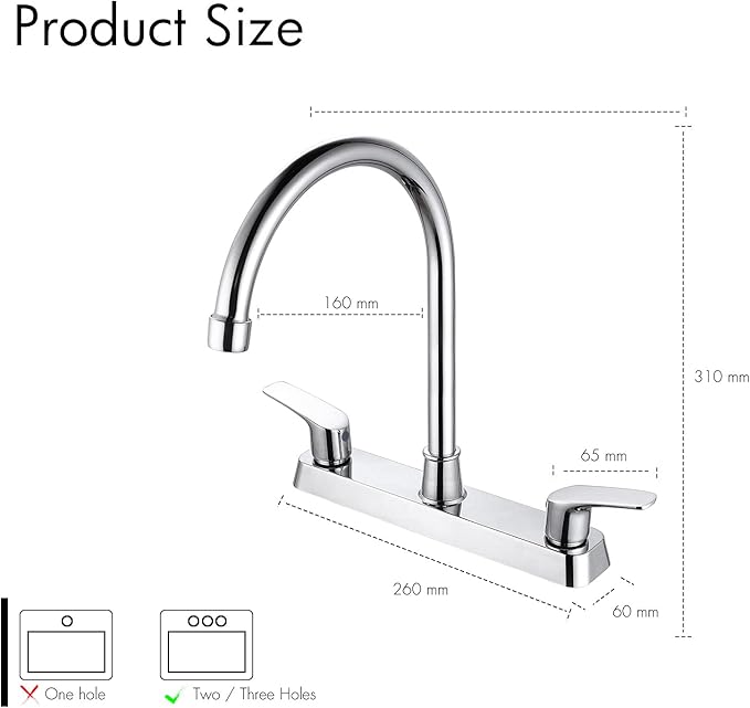 SOLVEX 2 Handle Kitchen Sink Faucet, High Arc 360 Swivel Stainless Steel Pipe 3 Hole Kitchen Faucet, Commercial Modern Chrome Kitchen Sink Faucet, US-SP-80066
