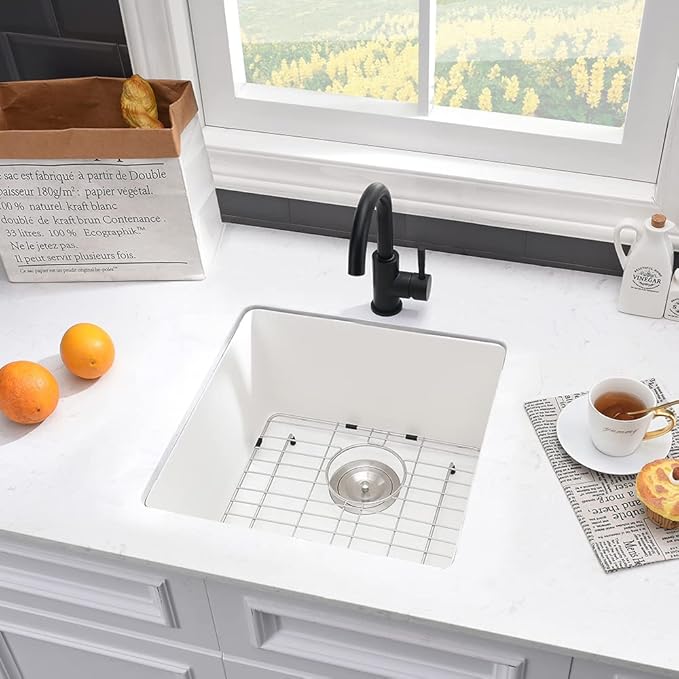 21 Inch Rv Sink Undermount-VASOYO 21x19 Wet Bar Sink Undermount Prep Outdoor Sinks White Quartz Composite Kitchen Sinks Small Deep Singe Basin with Bottom Grid