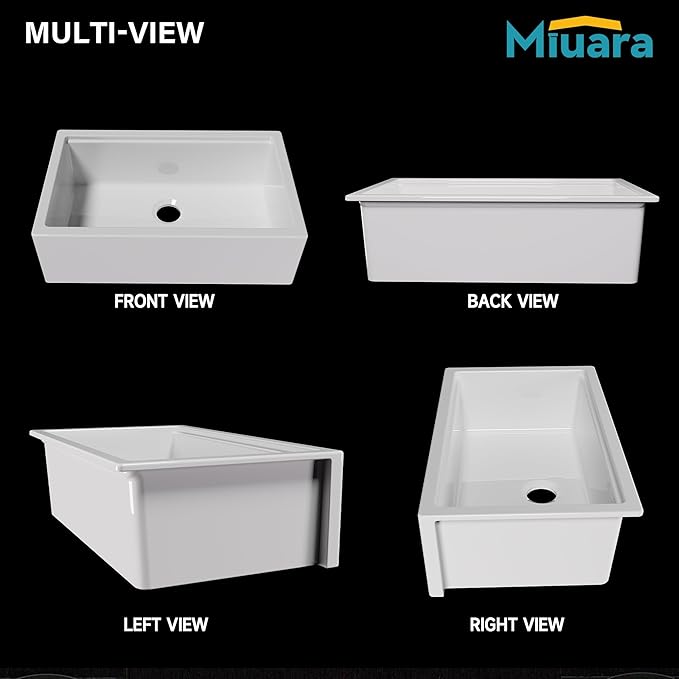 Miuara Self Trimming Farmhouse Workstation Sink 33 Inch - Tall Apron Front Fireclay Kitchen Sink 33"x20"x10", Dual Mount: Undermount & Topmount, Farm House Style Single Bowl, Glossy White, for Kitchen