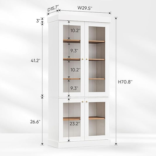 70.8" Farmhouse Kitchen Pantry Cabinet with Glass Doors, Modular Storage Cabinet with 6-Tier Adjustable Shelves, Large Storage Cabinet for Kitchen or Living Room, Set of 4, White