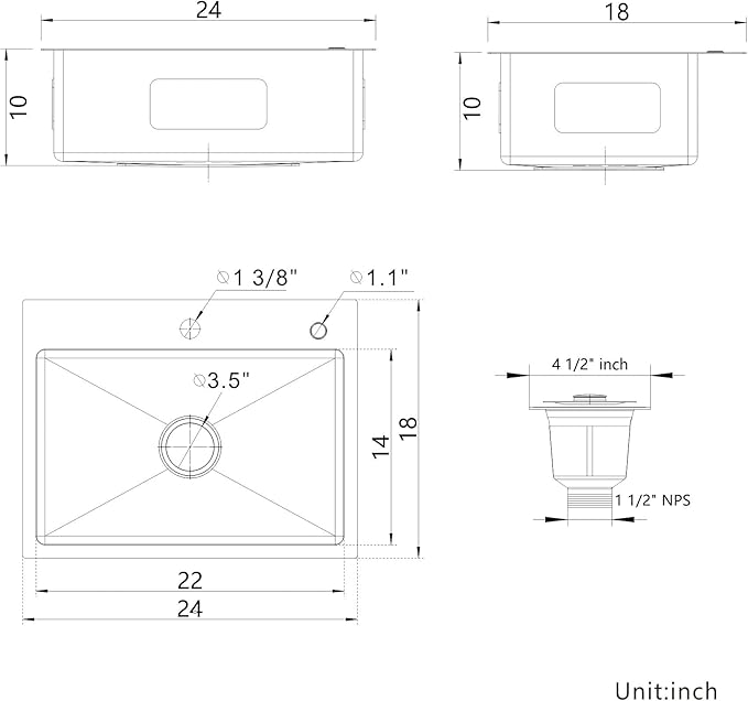 24" x 18" Drop in Kitchen Sink Stainless Steel Single Bowl Kitchen Sink with Drain Kit and Faucet