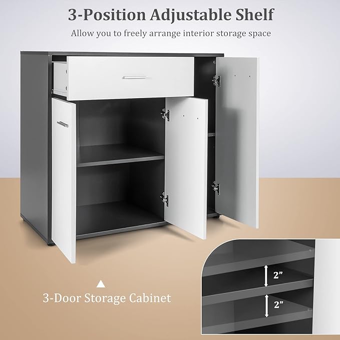 Giantex Buffet Cabinet with Storage, 3 Door Kitchen Cupboard with Large Drawer, Adjustable Shelf, Wood Kitchen Organizer, Entryway Console Table, Dining Room Furniture