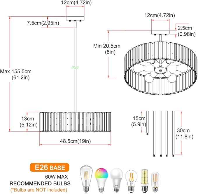 Modern Crystal Chandelier for Dining Room, 6 Light Chrome Semi Flush Mount Ceiling Light Fixtures, 19in Hallway Fixture, Round Kitchen Hanging Drum Pendant Lights Ceiling for Living Room Bedroom Foyer