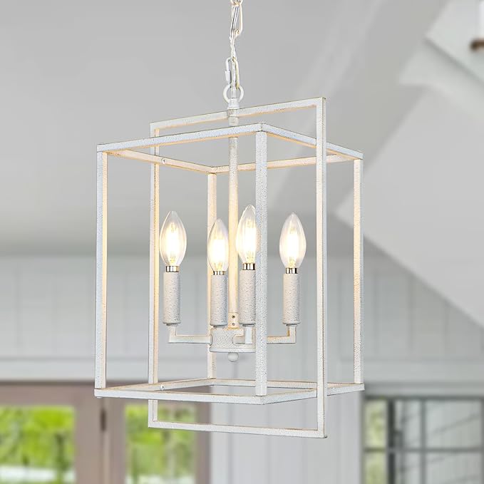 4-Light Farmhouse Chandelier, Rustic Lantern Foyer Lighting Fixtures, Adjustable Metal Antique White Hanging Pendant Light for Dining Room Entryway Kitchen Island Staircase