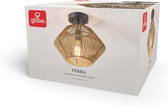 GLOBE Electric 65891 1-Light Flush Mount Ceiling Light, Matte Black, Natural Twine Shade